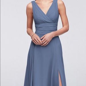 Steel blue chiffon surplice tank bridesmaid dress
